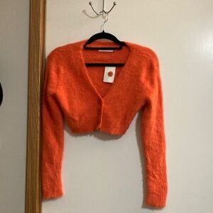 Cropped Fuzzy V-Neck Cardigan Sweater - Orange